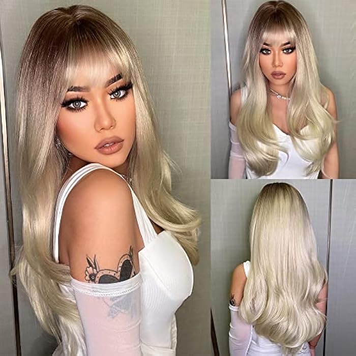 DILLARDS Emmor Ash Blonde Wig With Bangs Long Platinum Blonde Wave Wig Heat Resistant Synthetic Fiber Wigs Ombre Color Wig For Women Dark Brown Root Natural Looking - Image 4